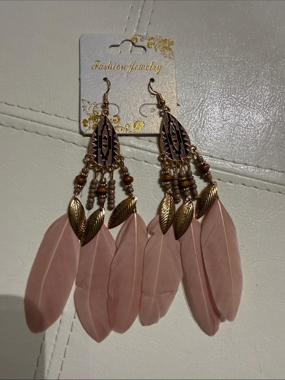 Fashion Jewelry Rose Pink Feather and Gold Leaf Dangle Earrings